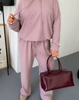 Soft ribbed knitted set with polyester, viscose and elastane, image of fashion set for comfort.