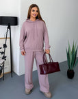Soft ribbed-knit set with polyester, viscose and elastane, shown in the image.
