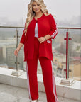 Pants and blazer set with stripes , polyester и lycra, стиlinen  офисен облекло, Whiteо с черни linen ти.