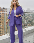 Pants and blazer set with stripes , polyester и lycra, подходящ за елегантен стил, изображение на моден комплект.