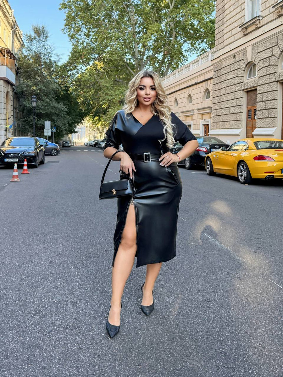 Knee-length mixed-material dress  - Twiggy Shop