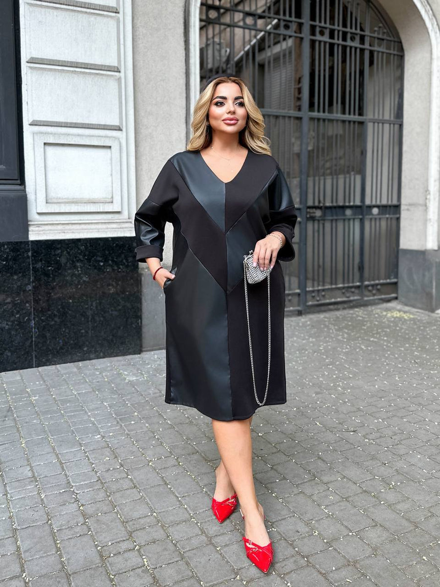 Mixed-material dress with faux leather  - Twiggy Shop