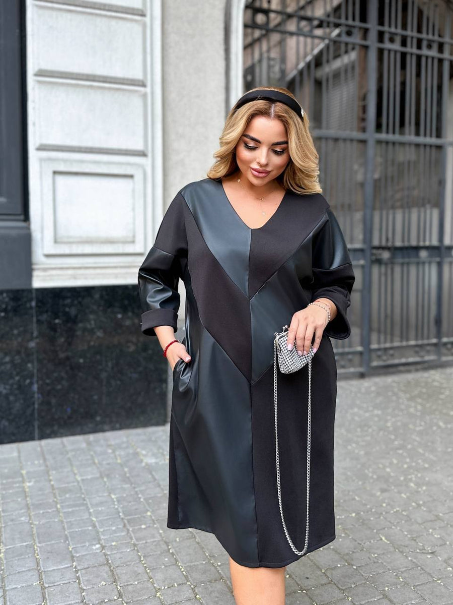 Mixed-material dress with faux leather  - Twiggy Shop