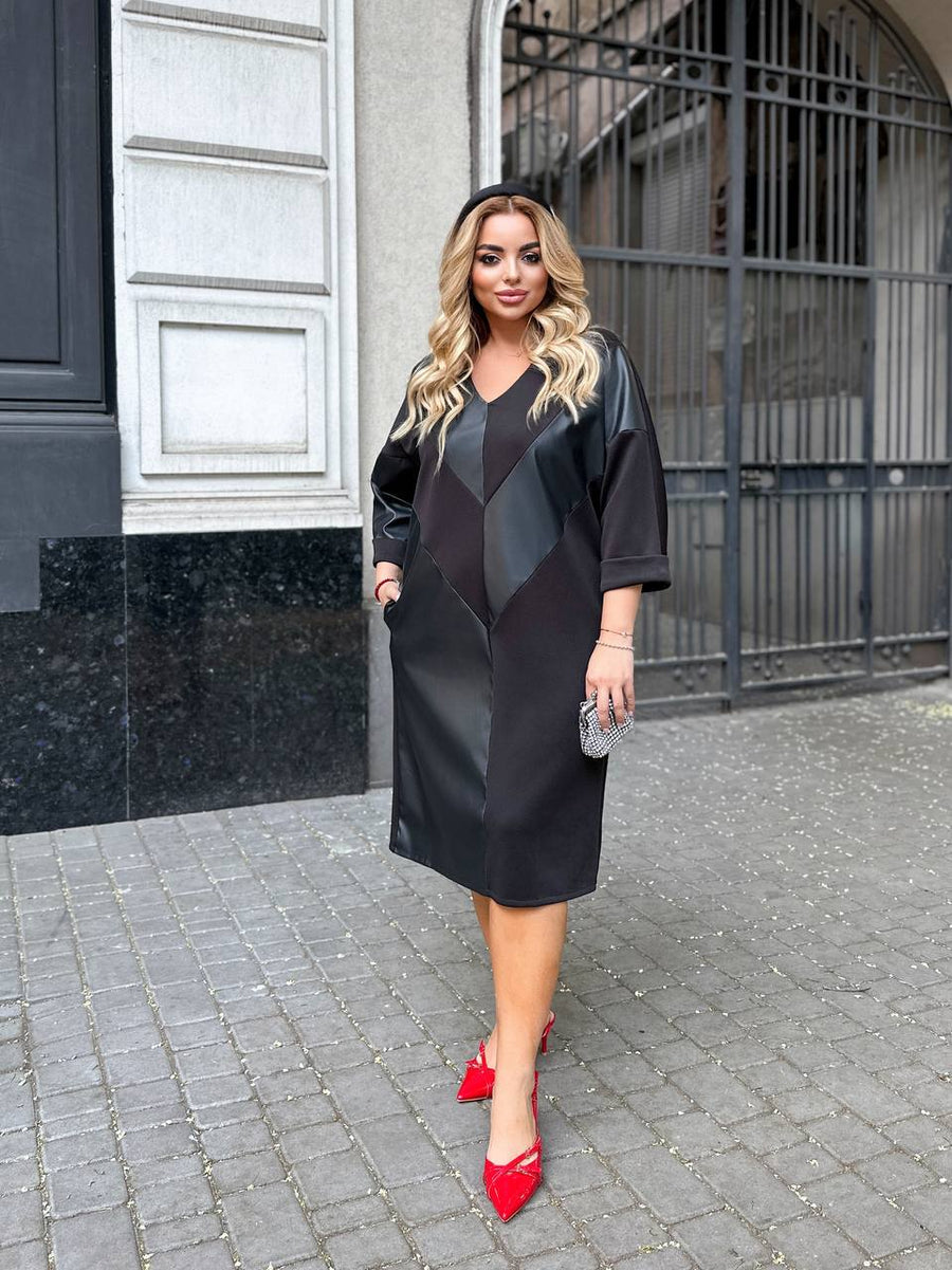 Mixed-material dress with faux leather  - Twiggy Shop