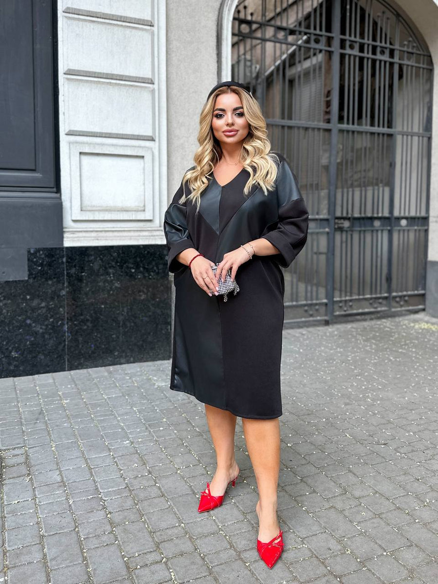 Mixed-material dress with faux leather  - Twiggy Shop