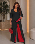 Mixed-Fabric Set with Wide-Leg Pants