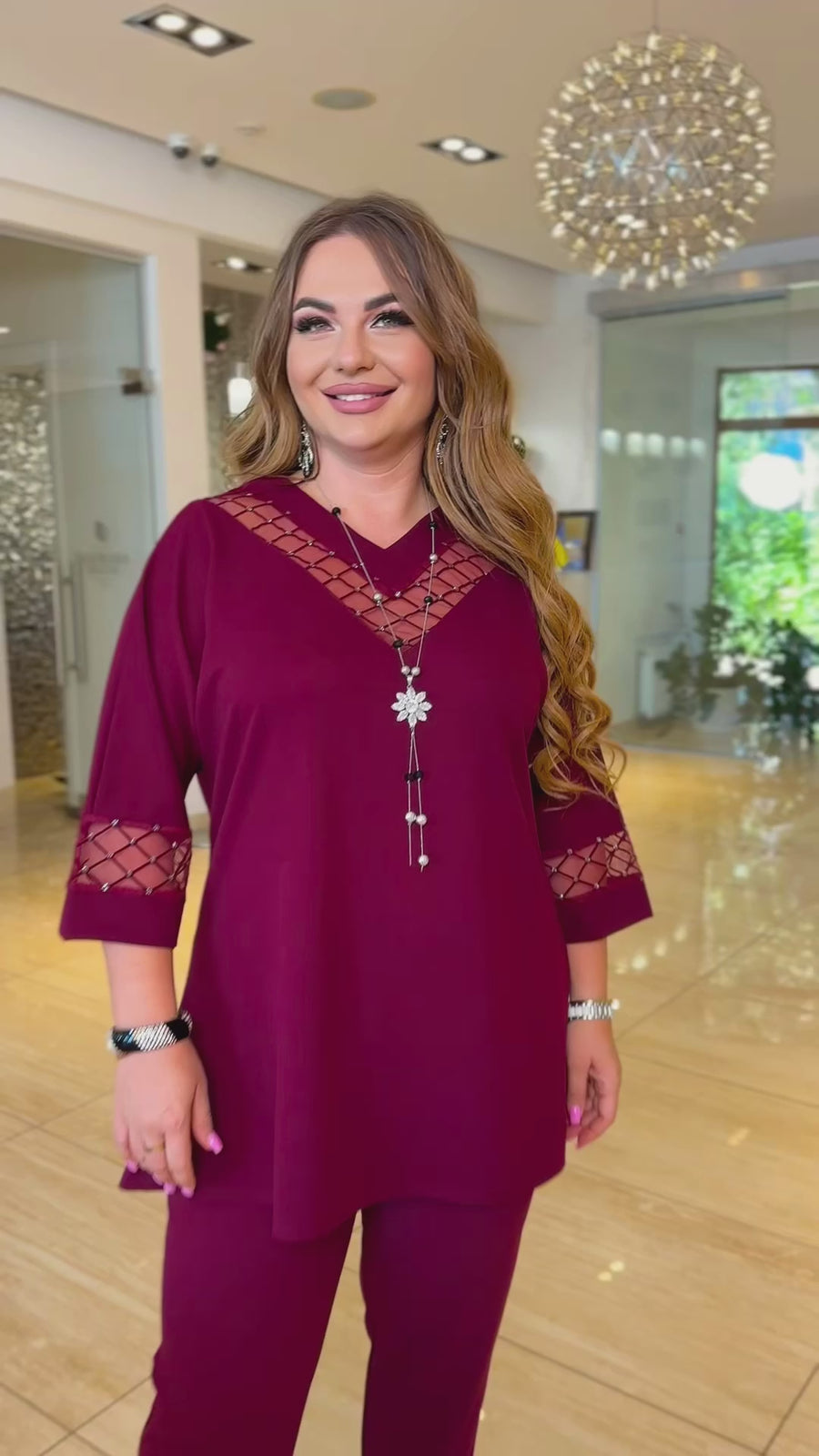 Blouse and pants set with mesh